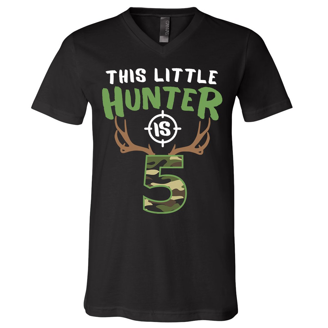 Little Hunter Is 5 Birthday Boys 5th Birthday Deer Hunter V-Neck T-Shirt