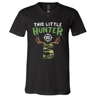 Little Hunter Is 5 Birthday Boys 5th Birthday Deer Hunter V-Neck T-Shirt