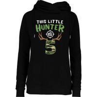 Little Hunter Is 5 Birthday Boys 5th Birthday Deer Hunter Womens Funnel Neck Pullover Hood