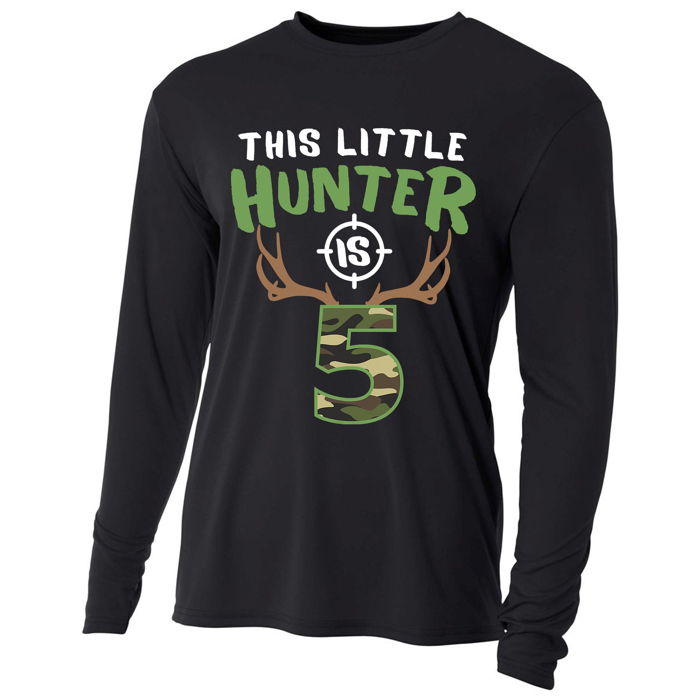 Little Hunter Is 5 Birthday Boys 5th Birthday Deer Hunter Cooling Performance Long Sleeve Crew