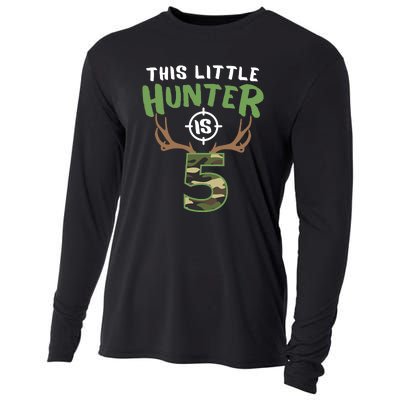 Little Hunter Is 5 Birthday Boys 5th Birthday Deer Hunter Cooling Performance Long Sleeve Crew