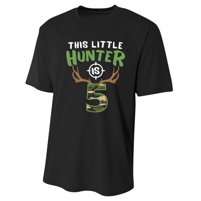 Little Hunter Is 5 Birthday Boys 5th Birthday Deer Hunter Performance Sprint T-Shirt