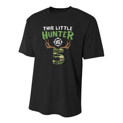 Little Hunter Is 5 Birthday Boys 5th Birthday Deer Hunter Youth Performance Sprint T-Shirt