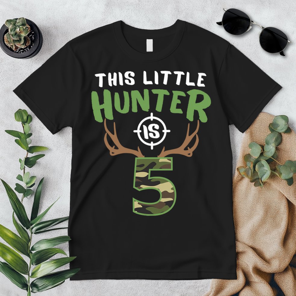 Little Hunter Is 5 Birthday Boys 5th Birthday Deer Hunter Premium T-Shirt