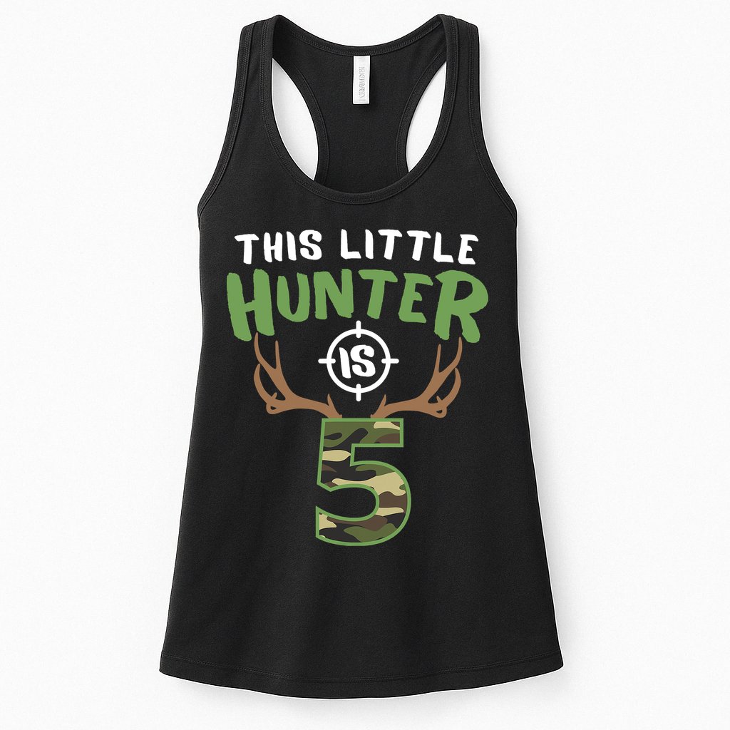 Little Hunter Is 5 Birthday Boys 5th Birthday Deer Hunter Womens Tank Top