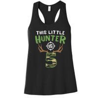 Little Hunter Is 5 Birthday Boys 5th Birthday Deer Hunter Women's Racerback Tank