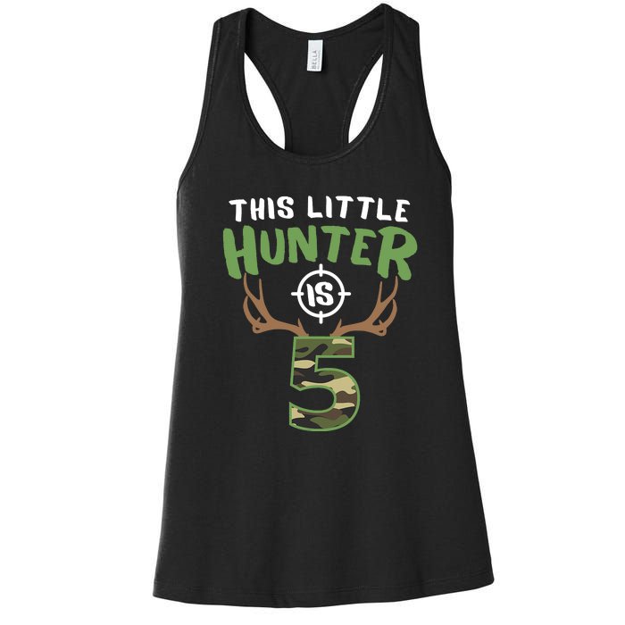 Little Hunter Is 5 Birthday Boys 5th Birthday Deer Hunter Women's Racerback Tank