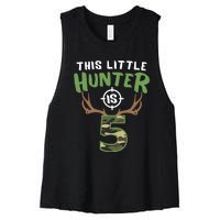 Little Hunter Is 5 Birthday Boys 5th Birthday Deer Hunter Women's Racerback Cropped Tank