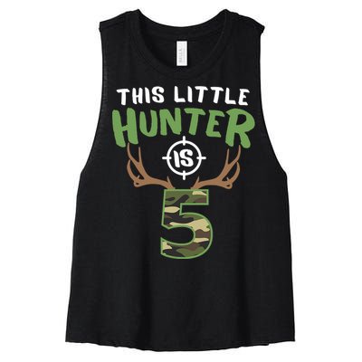 Little Hunter Is 5 Birthday Boys 5th Birthday Deer Hunter Women's Racerback Cropped Tank