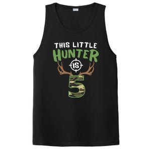 Little Hunter Is 5 Birthday Boys 5th Birthday Deer Hunter PosiCharge Competitor Tank