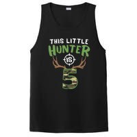 Little Hunter Is 5 Birthday Boys 5th Birthday Deer Hunter PosiCharge Competitor Tank