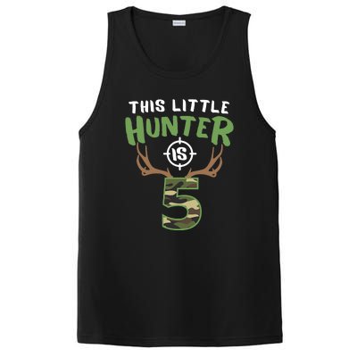 Little Hunter Is 5 Birthday Boys 5th Birthday Deer Hunter PosiCharge Competitor Tank