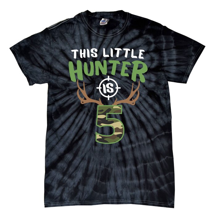 Little Hunter Is 5 Birthday Boys 5th Birthday Deer Hunter Tie-Dye T-Shirt