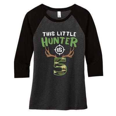 Little Hunter Is 5 Birthday Boys 5th Birthday Deer Hunter Women's Tri-Blend 3/4-Sleeve Raglan Shirt