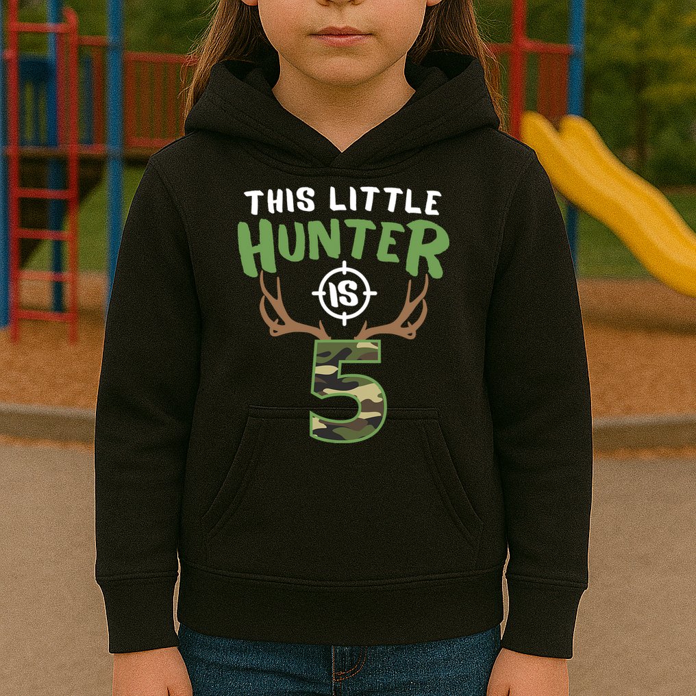 Little Hunter Is 5 Birthday Boys 5th Birthday Deer Hunter Kids Hoodie