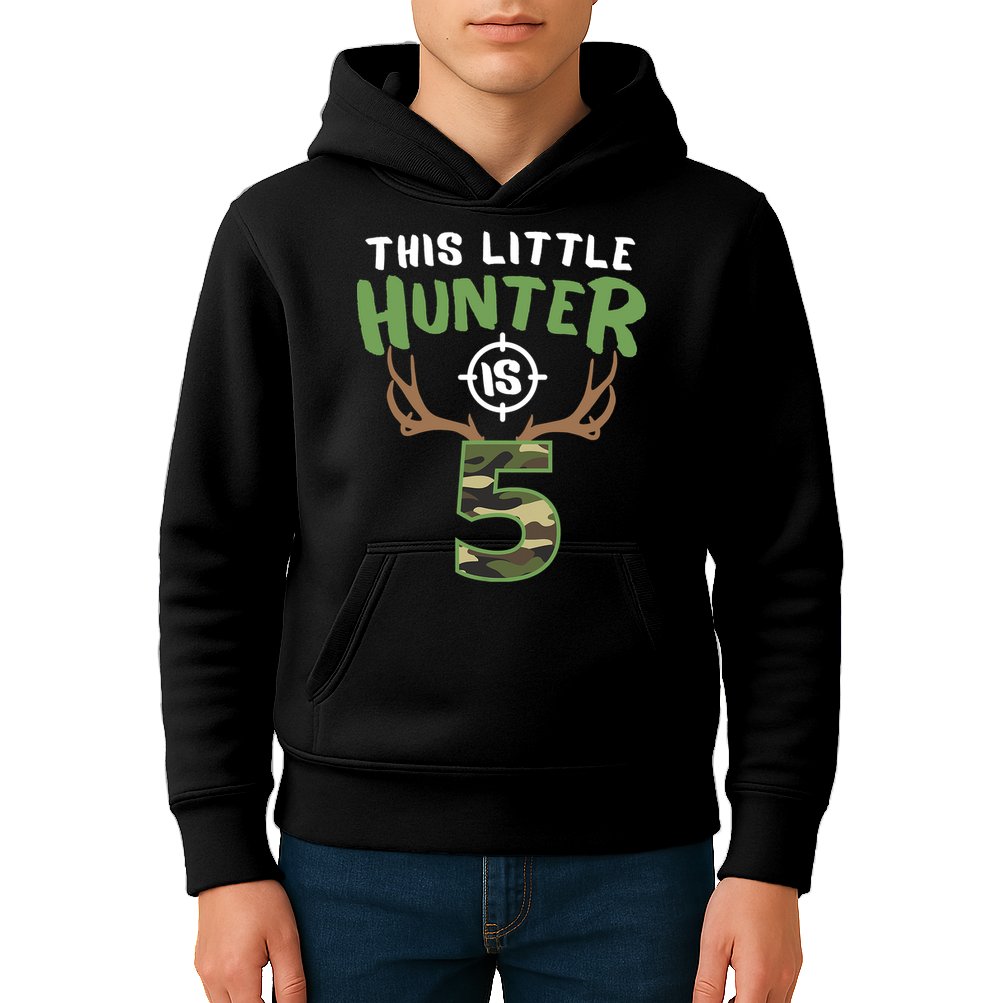 Little Hunter Is 5 Birthday Boys 5th Birthday Deer Hunter Kids Hoodie