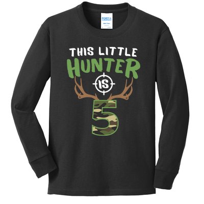 Little Hunter Is 5 Birthday Boys 5th Birthday Deer Hunter Kids Long Sleeve Shirt