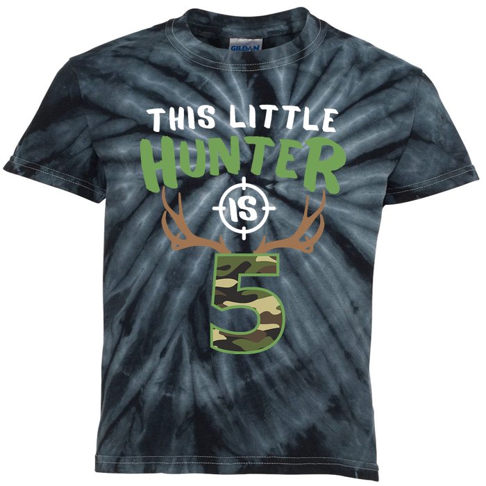 Little Hunter Is 5 Birthday Boys 5th Birthday Deer Hunter Kids Tie-Dye T-Shirt