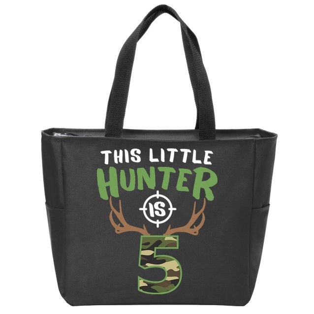 Little Hunter Is 5 Birthday Boys 5th Birthday Deer Hunter Zip Tote Bag