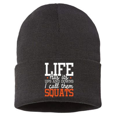 Life Has Its Ups And Downs Squats Weightlift Fitness Coach Sustainable Knit Beanie