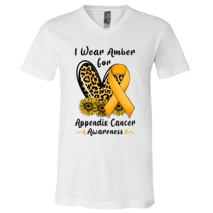 Leopard Heart I Wear Amber For Appendix Cancer Awareness V-Neck T-Shirt