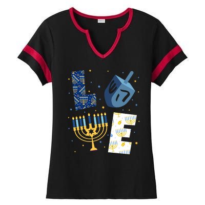 Love Hanukkah Jewish Festive Holiday Ladies Halftime Notch Neck Tee