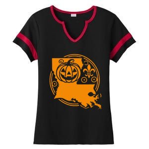 Louisiana Halloween Jack O Lantern With Fleur De Lis Ladies Halftime Notch Neck Tee