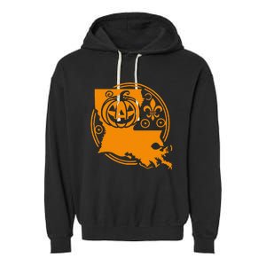 Louisiana Halloween Jack O Lantern With Fleur De Lis Garment-Dyed Fleece Hoodie