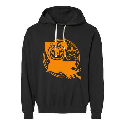 Louisiana Halloween Jack O Lantern With Fleur De Lis Garment-Dyed Fleece Hoodie