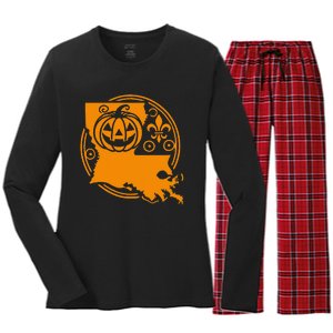 Louisiana Halloween Jack O Lantern With Fleur De Lis Women's Long Sleeve Flannel Pajama Set 