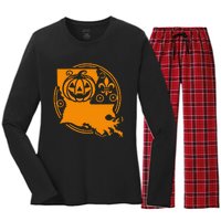 Louisiana Halloween Jack O Lantern With Fleur De Lis Women's Long Sleeve Flannel Pajama Set 