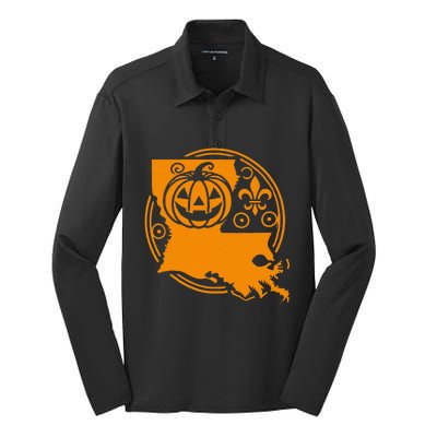 Louisiana Halloween Jack O Lantern With Fleur De Lis Silk Touch Performance Long Sleeve Polo