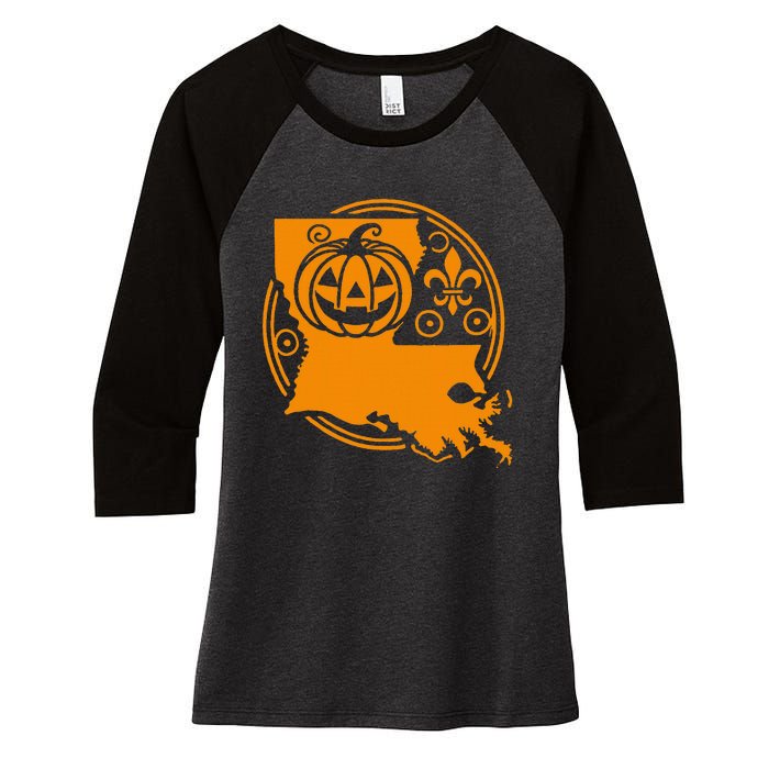 Louisiana Halloween Jack O Lantern With Fleur De Lis Women's Tri-Blend 3/4-Sleeve Raglan Shirt