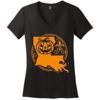 Louisiana Halloween Jack O Lantern With Fleur De Lis Women's V-Neck T-Shirt