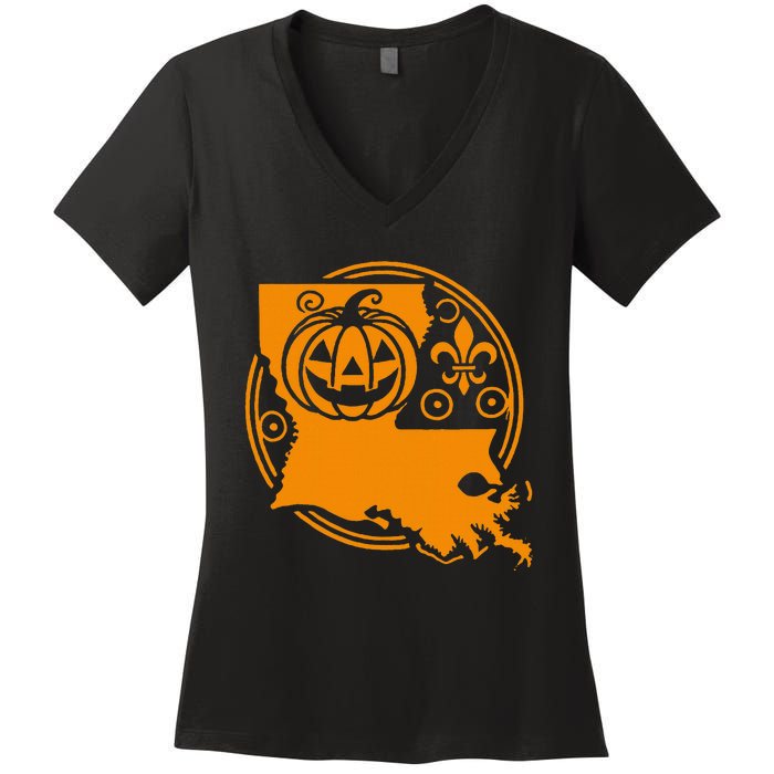 Louisiana Halloween Jack O Lantern With Fleur De Lis Women's V-Neck T-Shirt