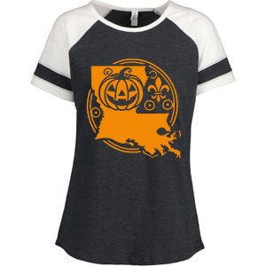 Louisiana Halloween Jack O Lantern With Fleur De Lis Enza Ladies Jersey Colorblock Tee