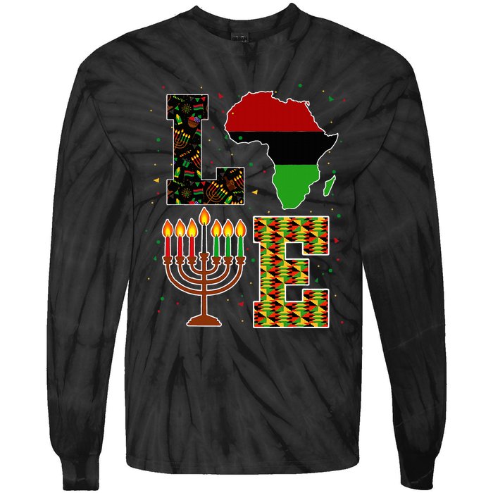 Love Happy Kwanzaa Decorations Africa Map Kinara Candles Tie-Dye Long Sleeve Shirt