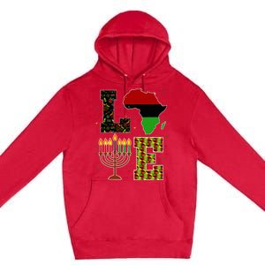 Love Happy Kwanzaa Decorations Africa Map Kinara Candles Premium Pullover Hoodie