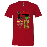 LOVE Happy Kwanzaa Decorations Africa Map Kinara Candles V-Neck T-Shirt