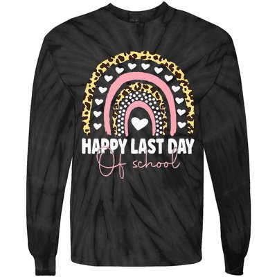 Leopard Happy Last Day Of School Student Graduation Rainbow Tie-Dye Long Sleeve Shirt