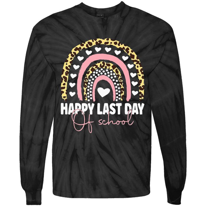 Leopard Happy Last Day Of School Student Graduation Rainbow Tie-Dye Long Sleeve Shirt