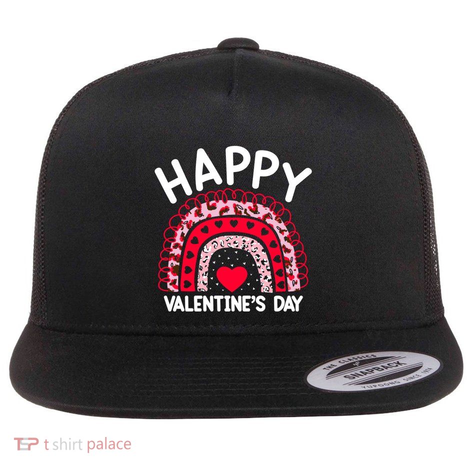 Love Hearts Leopard Rainbow Happy Valentines Day Cool Gift Flat Bill Trucker Hat