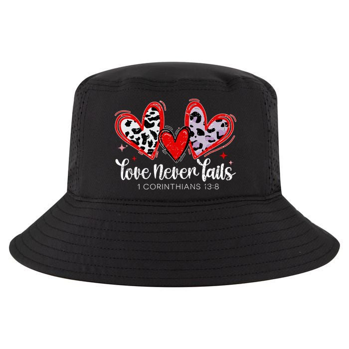 Leopard Heart Love Never Fails Christian ValentineS Day Gift Cool Comfort Performance Bucket Hat