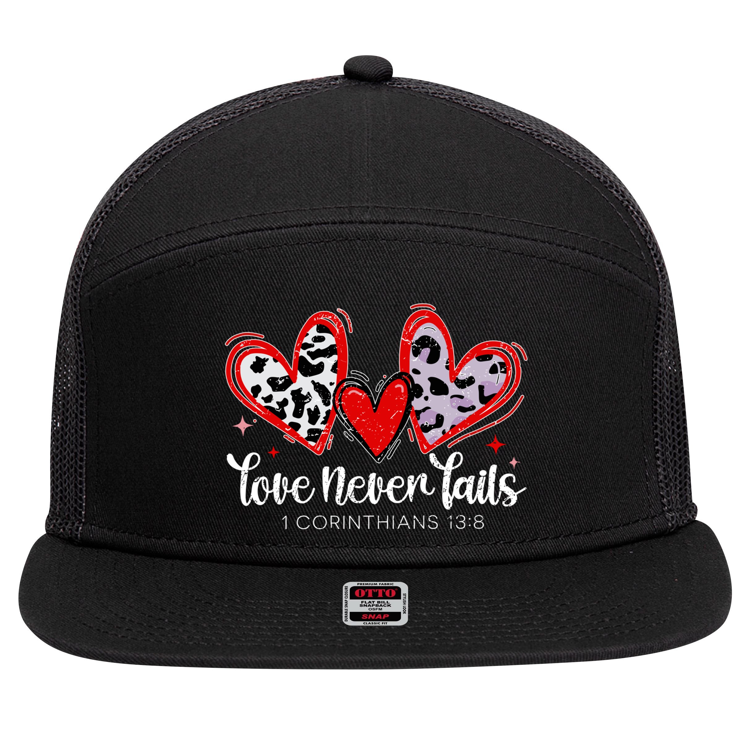 Leopard Heart Love Never Fails Christian ValentineS Day Gift 7 Panel Mesh Trucker Snapback Hat