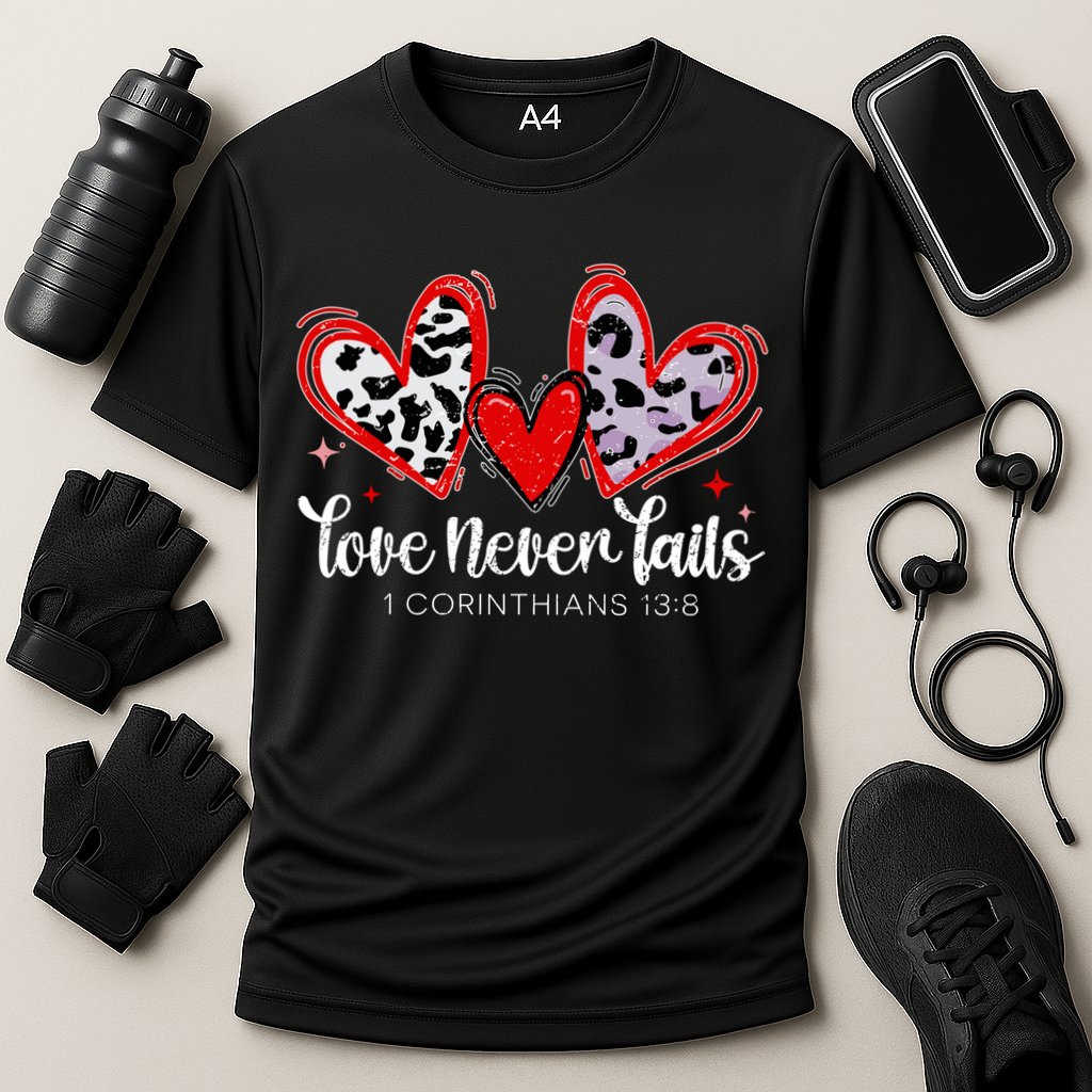 Leopard Heart Love Never Fails Christian ValentineS Day Gift Performance Shirt