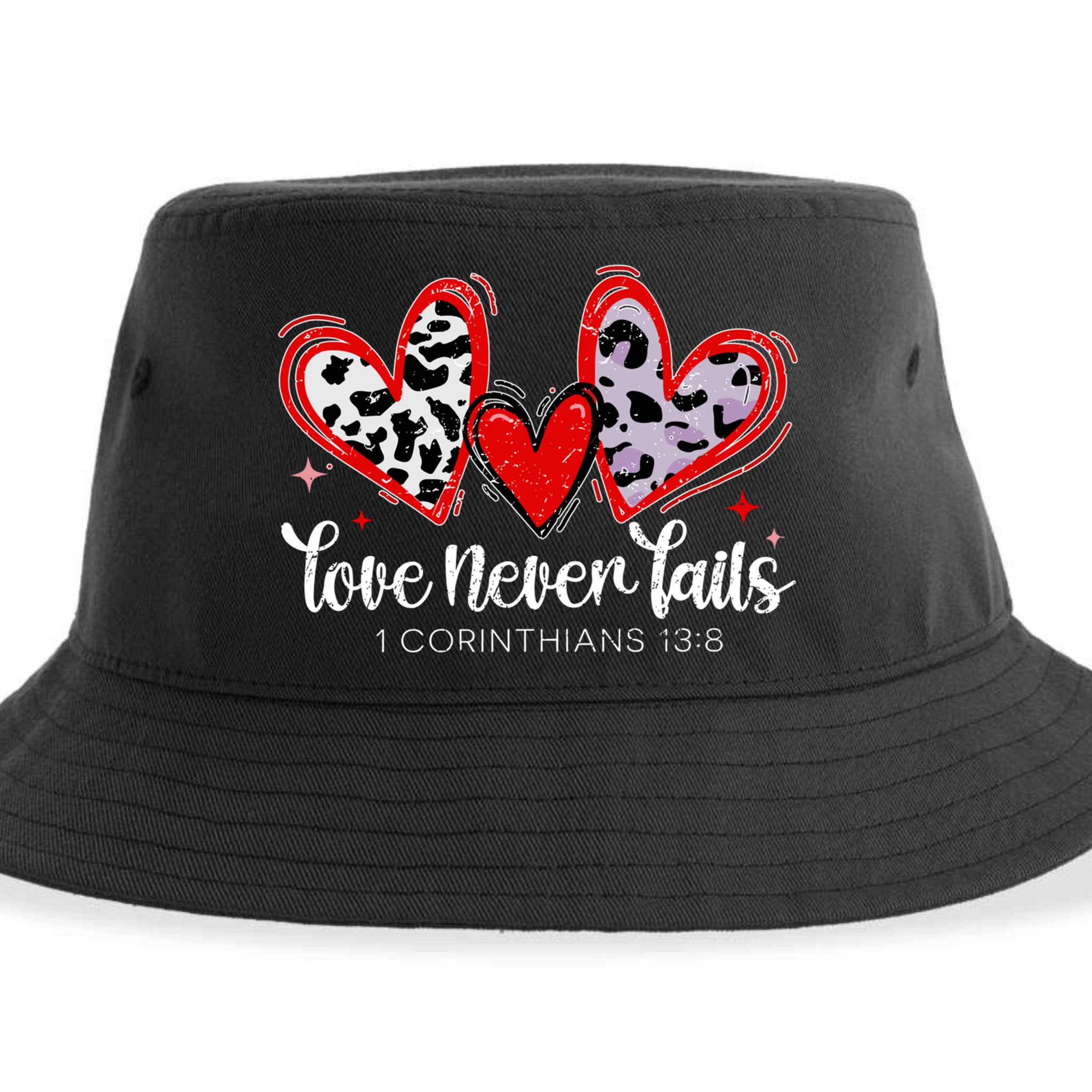 Leopard Heart Love Never Fails Christian ValentineS Day Gift Sustainable Bucket Hat