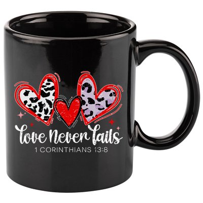 Leopard Heart Love Never Fails Christian ValentineS Day Gift 11oz C Handle Ceramic Mug