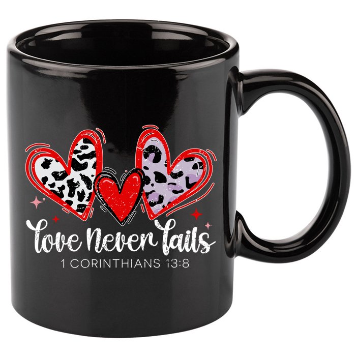 Leopard Heart Love Never Fails Christian ValentineS Day Gift 11oz C Handle Ceramic Mug
