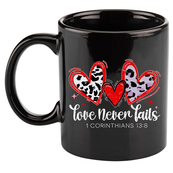 Leopard Heart Love Never Fails Christian ValentineS Day Gift 11oz C Handle Ceramic Mug