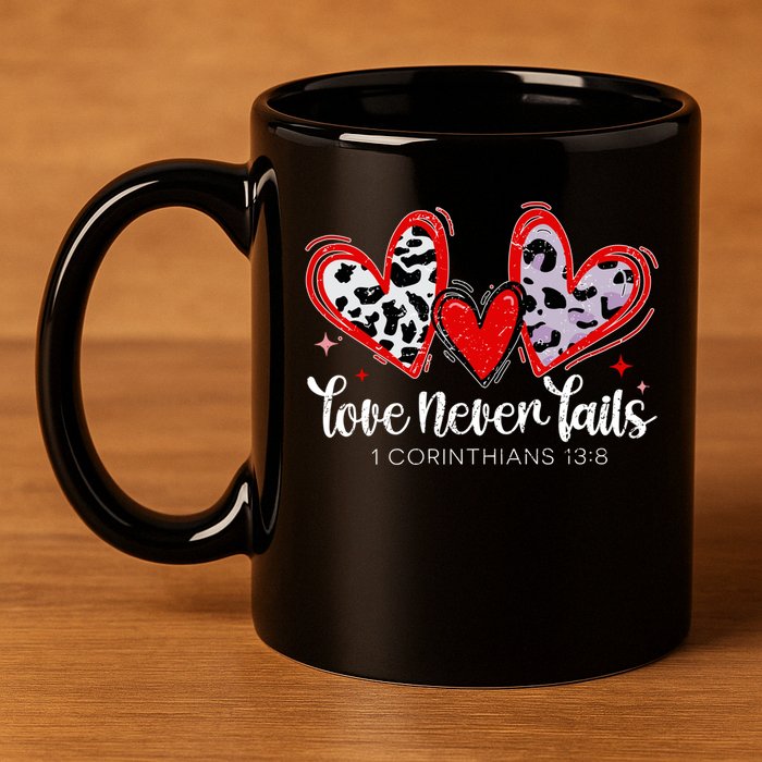 Leopard Heart Love Never Fails Christian ValentineS Day Gift 11oz C Handle Ceramic Mug